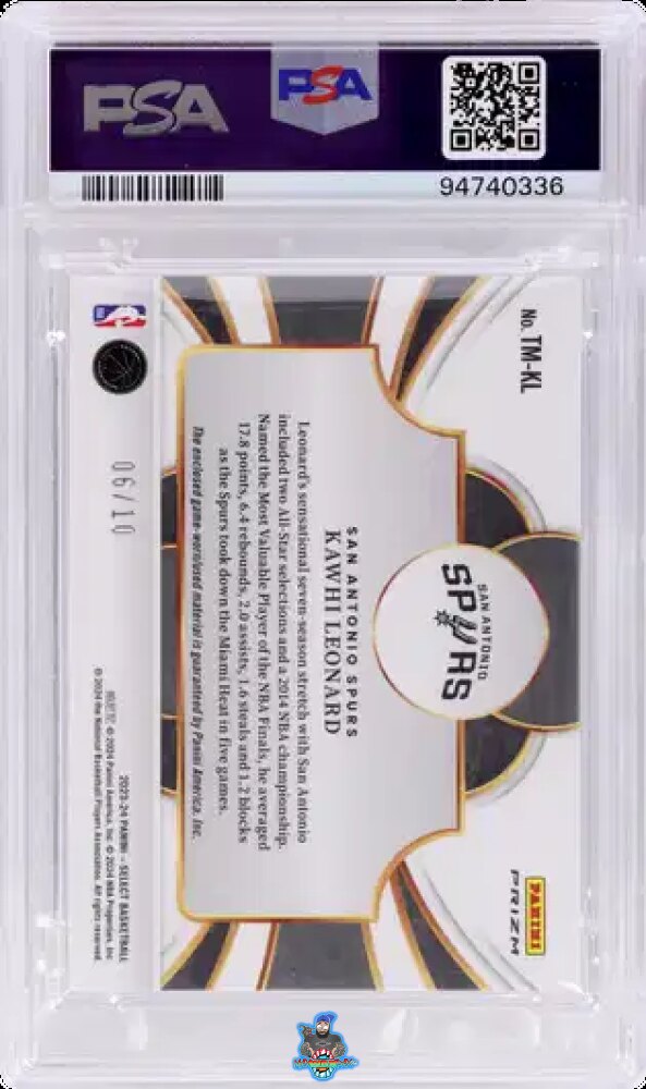 Back of 2023 Panini Select Throwback Memorabilia Gold Prizm Kawhi Leonard #TM-KL /10