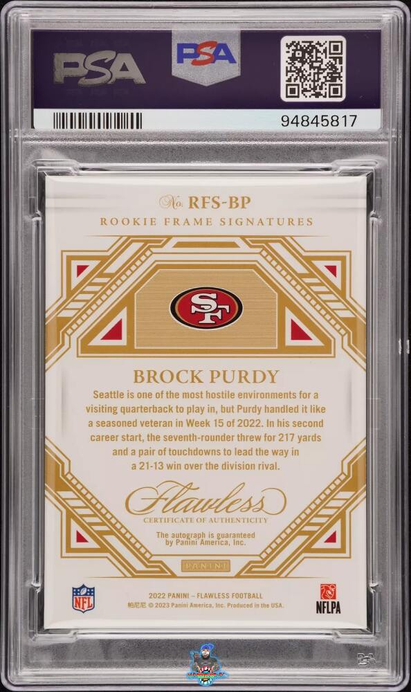 Back of 2022 Panini Flawless Rookie Frame Signatures Silver Brock Purdy #19 /20
