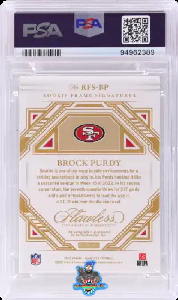 Back of 2022 Panini Flawless Rookie Frame Signature Emerald Brock Purdy #19 /5