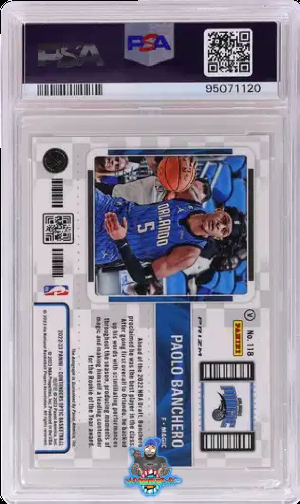Back of 2022 Panini Contenders Optic Horizontal Variation Rookie Ticket Autograph Blue Paolo Banchero #118 /49