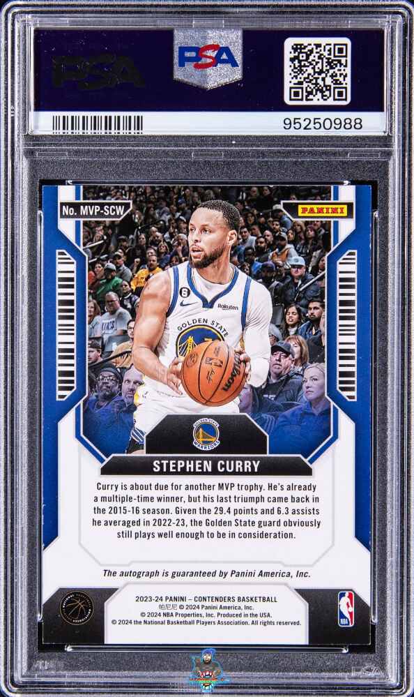 Back of 2023 Panini Contenders MVP Autograph Platinum Stephen Curry #MVPSCW /1