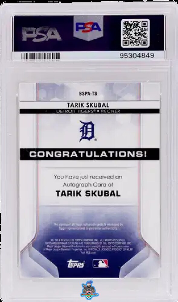 Back of 2020 Bowman Sterling Prospect Autograph Orange Refractor Tarik Skubal #BSPATS /75