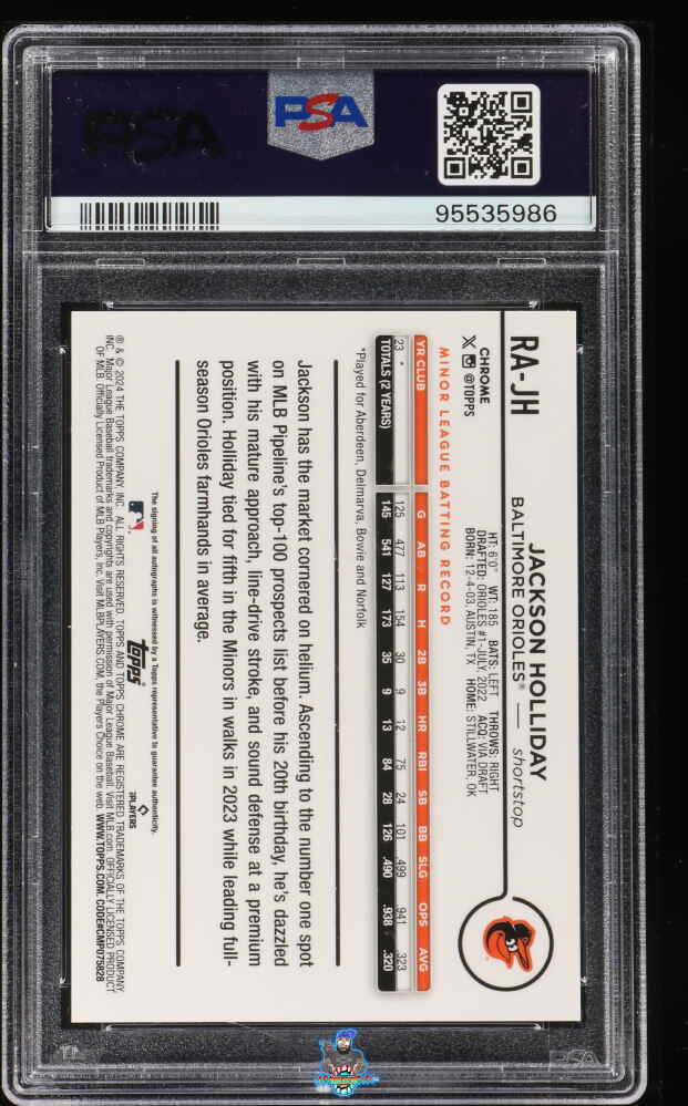 Back of 2024 Topps Chrome Rookie Autograph Gold Wave Refractor Jackson Holliday #RAJH /50