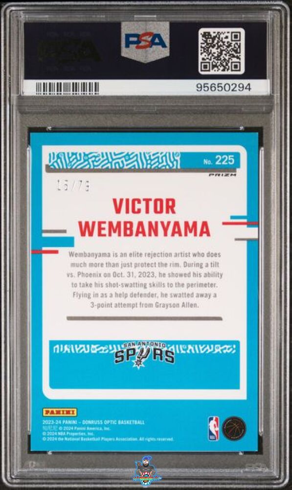 Back of 2023 Donruss Optic Rated Rookie Pink Velocity Victor Wembanyama #225 /79