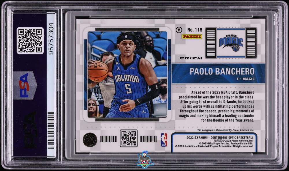 Back of 2022 Panini Contenders Optic Horizontal Variation Rookie Ticket Autograph Blue Paolo Banchero #118 /49