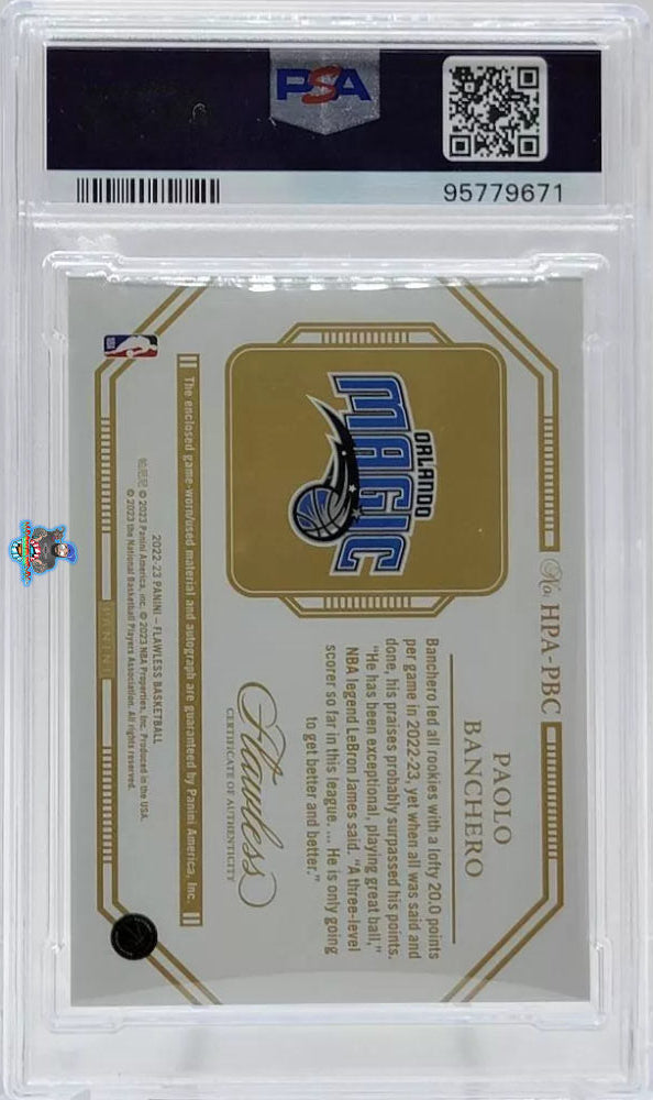 Back of 2022 Panini Flawless Horizontal Patch Autograph Paolo Banchero #HPA-PBC /25