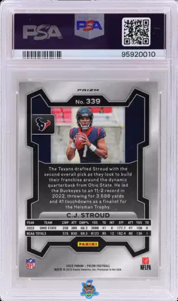 Back of 2023 Panini Prizm Red Sparkle Prizm CJ Stroud #339