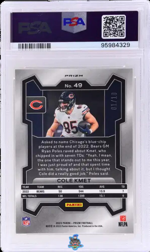 Back of 2023 Panini Prizm Gold Prizm Cole Kmet #49 /10