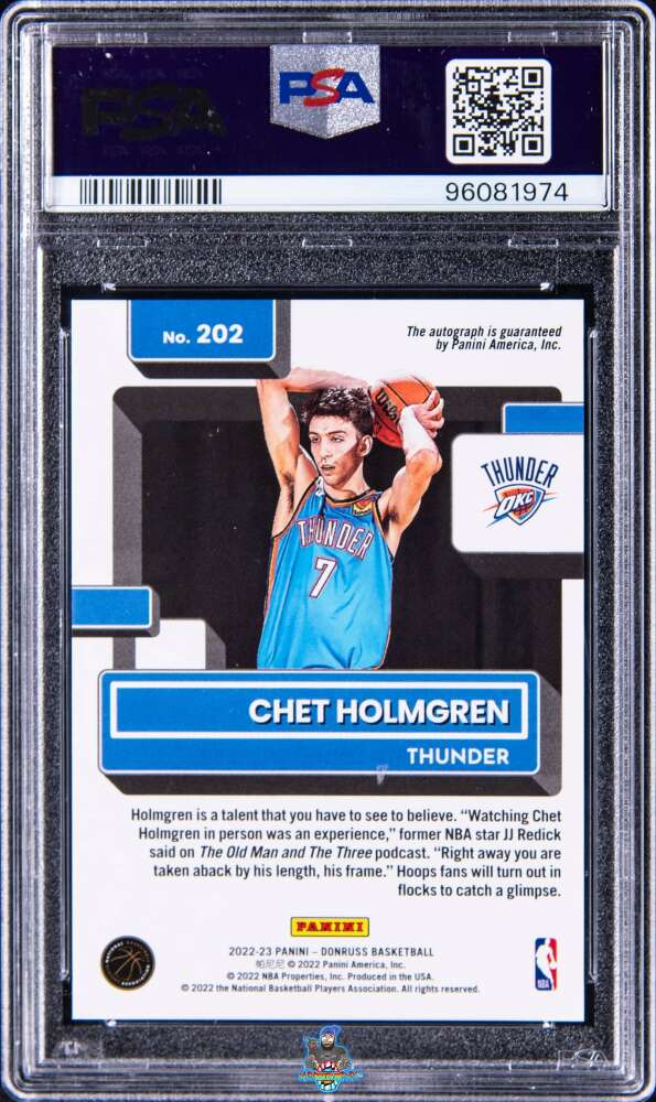 Back of 2022 Donruss Rated Rookie Signature Gold Choice Chet Holmgren #202 /10