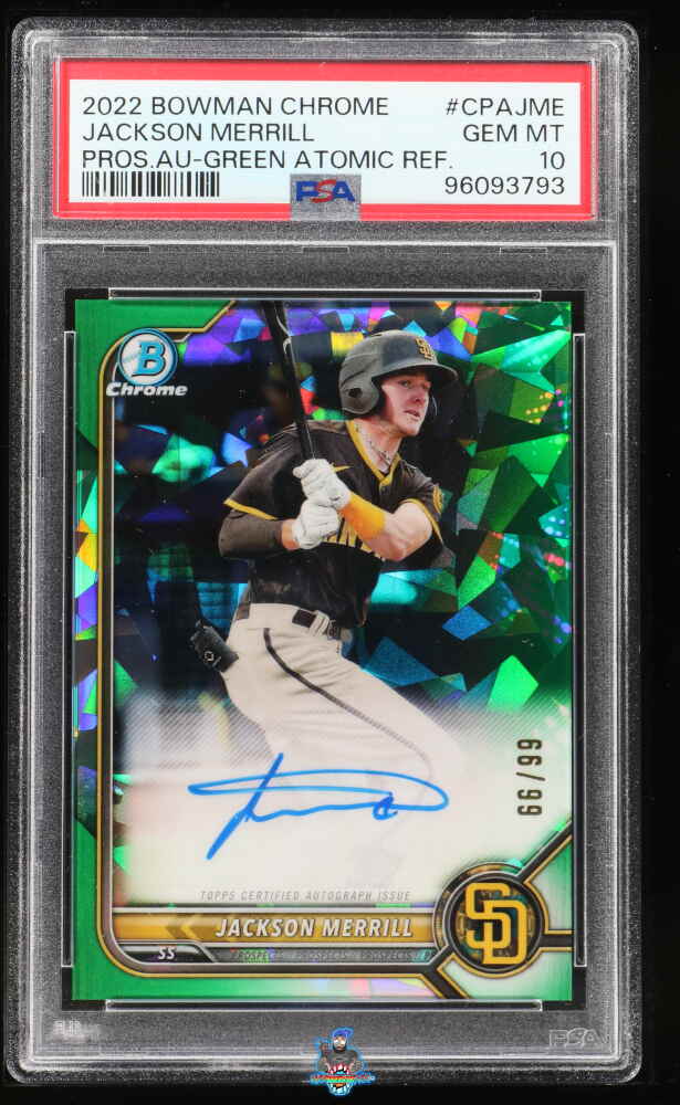 2022 Bowman Chrome Prospect Autograph Green Atomic Refractor Jackson Merrill #CPAJME /99