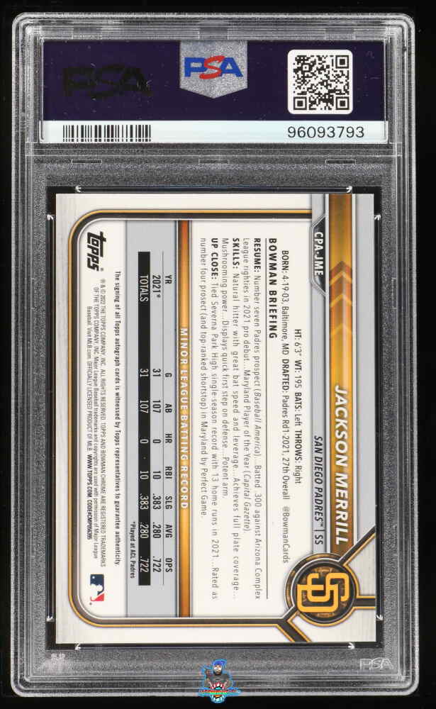 Back of 2022 Bowman Chrome Prospect Autograph Green Atomic Refractor Jackson Merrill #CPAJME /99
