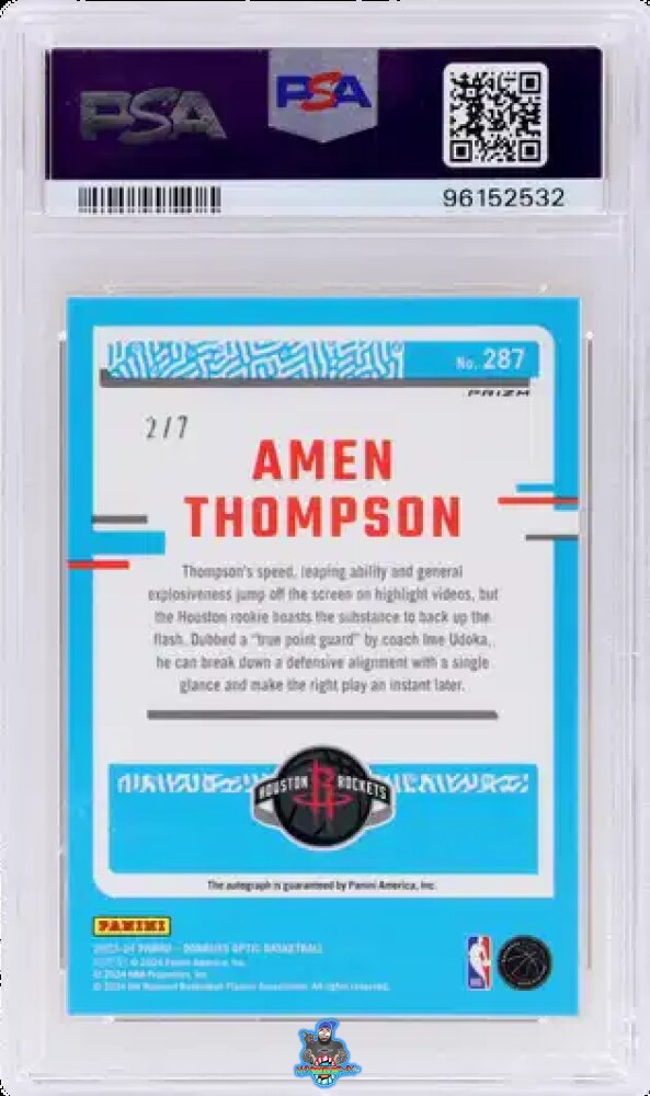 Back of 2023 Donruss Optic Rated Rookie Signature Premium Box Set Gold Amen Thompson #287 /7