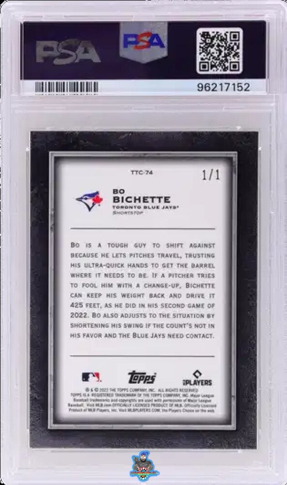 Back of 2022 Topps Transcendent Chrome Superfractor Bo Bichette #TTC74 /1