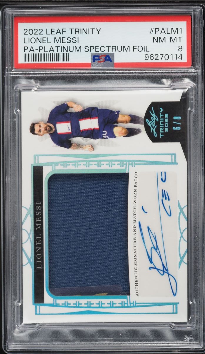 2022 Leaf Trinity Platinum Spectrum Foil Lionel Messi PATCH AUTO /8 #PA-LM1 PSA 8 NM-MT