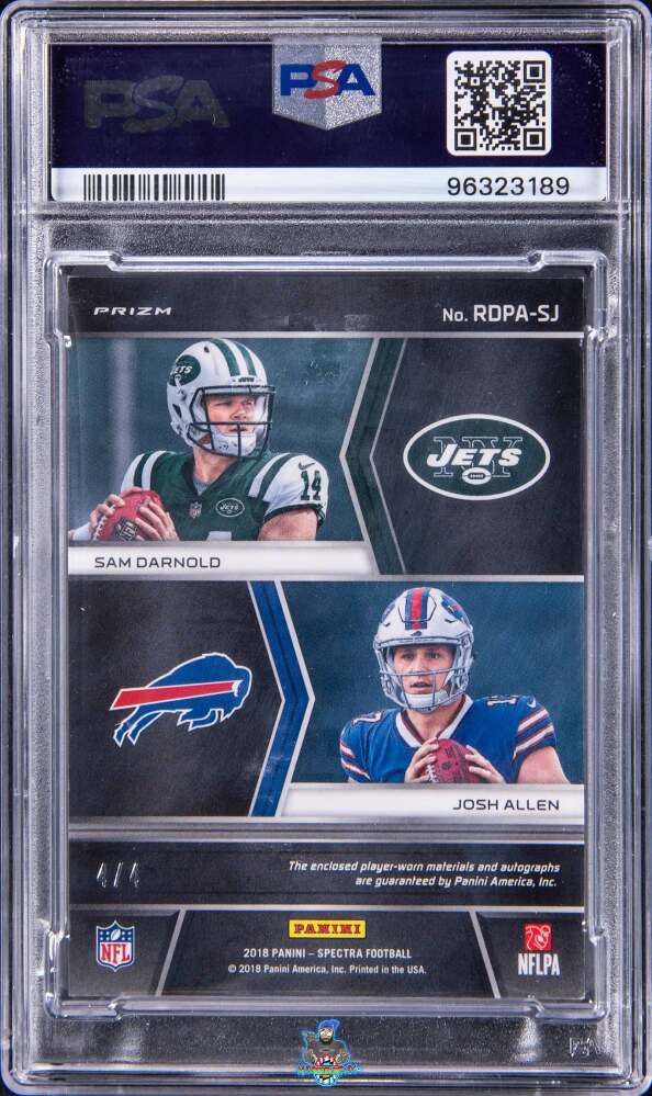 Back of 2018 Panini Spectra Rookie Dual Patch Autographs Neon Marble Josh Allen/Sam Darnold #12 /4