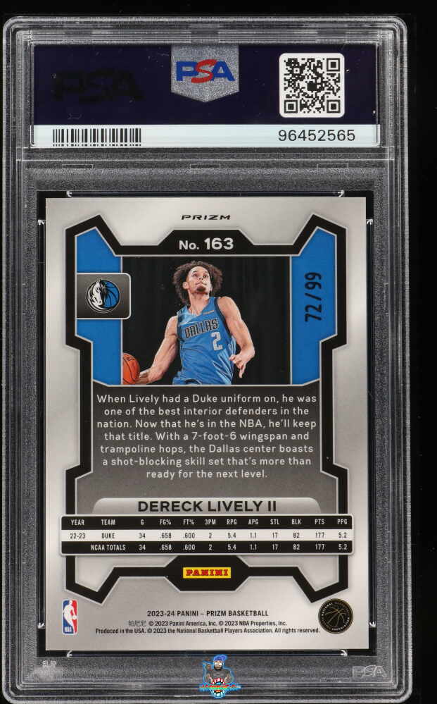 Back of 2023 Panini Prizm Purple Prizm Dereck Lively II #163 /99