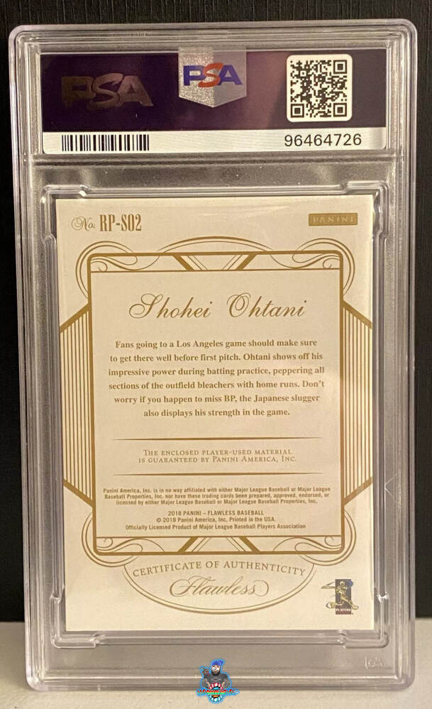 Back of 2018 Panini Flawless Rookie Patches Shohei Ohtani #2 /25