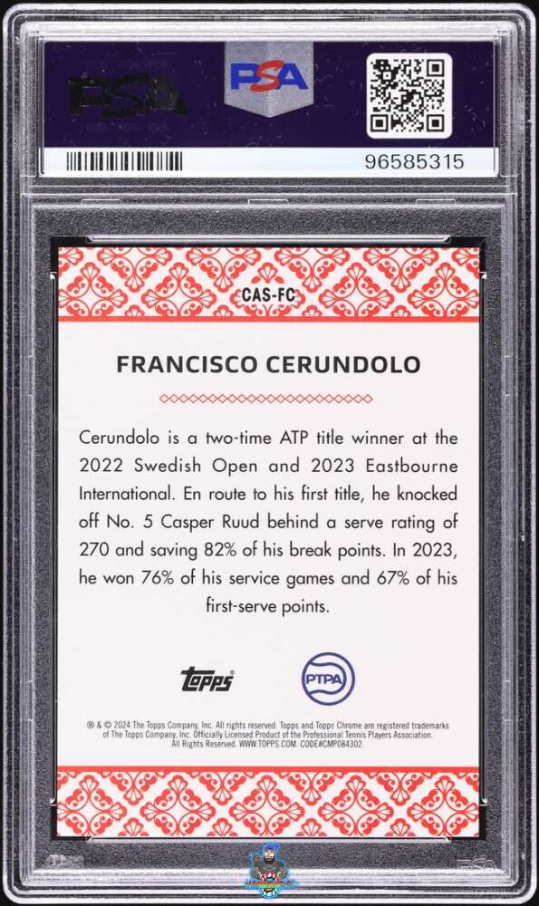 Back of 2024 Topps Chrome Tennis Aces Superfractor 1/1 Francisco Cerundolo #CASFC
