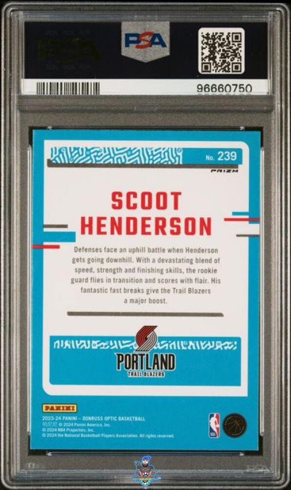 Back of 2023 Donruss Optic Rated Rookie White Sparkle Scoot Henderson #239