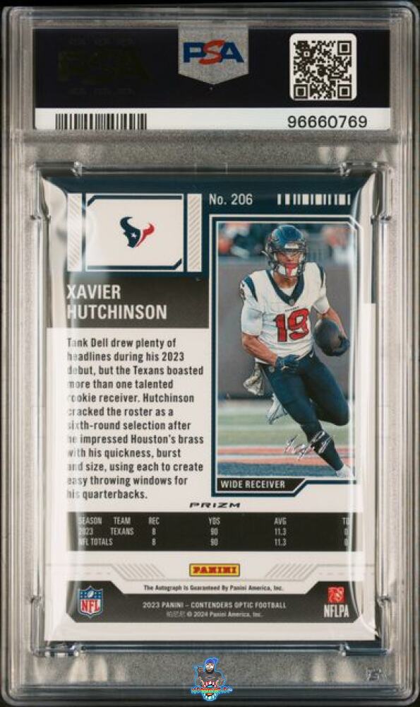 Back of 2023 Panini Contenders Optic Rookie Ticket Autograph Gold Vinyl Xavier Hutchinson #206 /1