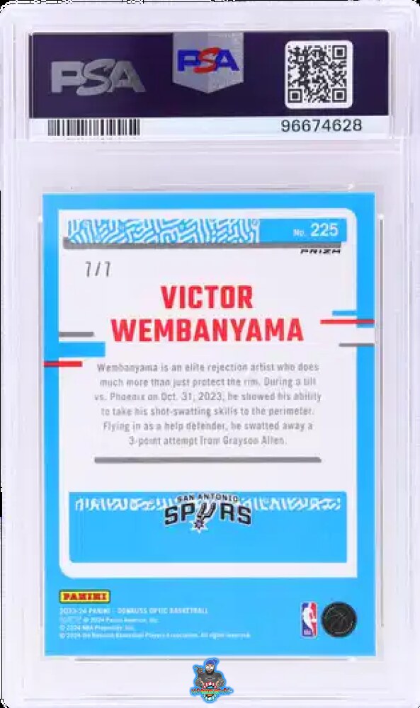 Back of 2023 Donruss Optic Rated Rookie Fast Break Red and Yellow Victor Wembanyama #225 /7