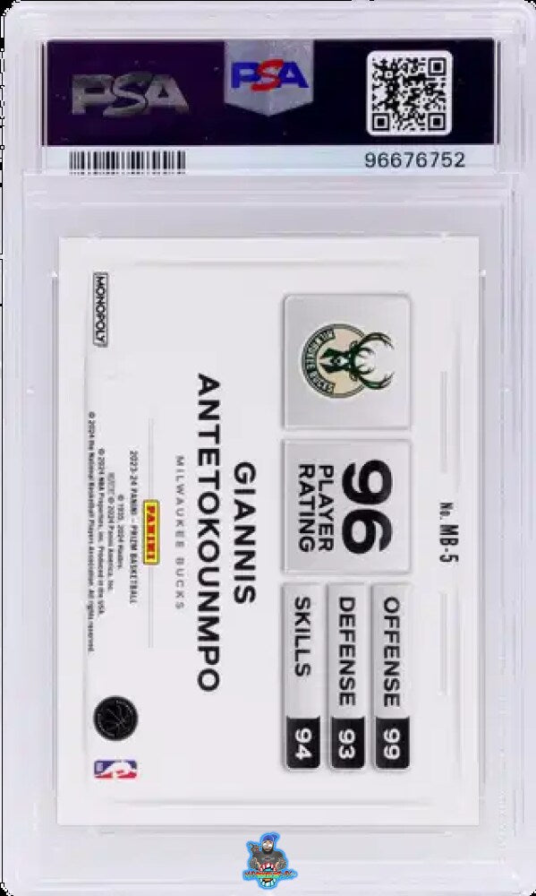 Back of 2023 Panini Prizm Monopoly Money Blast Giannis Antetokounmpo #MB5