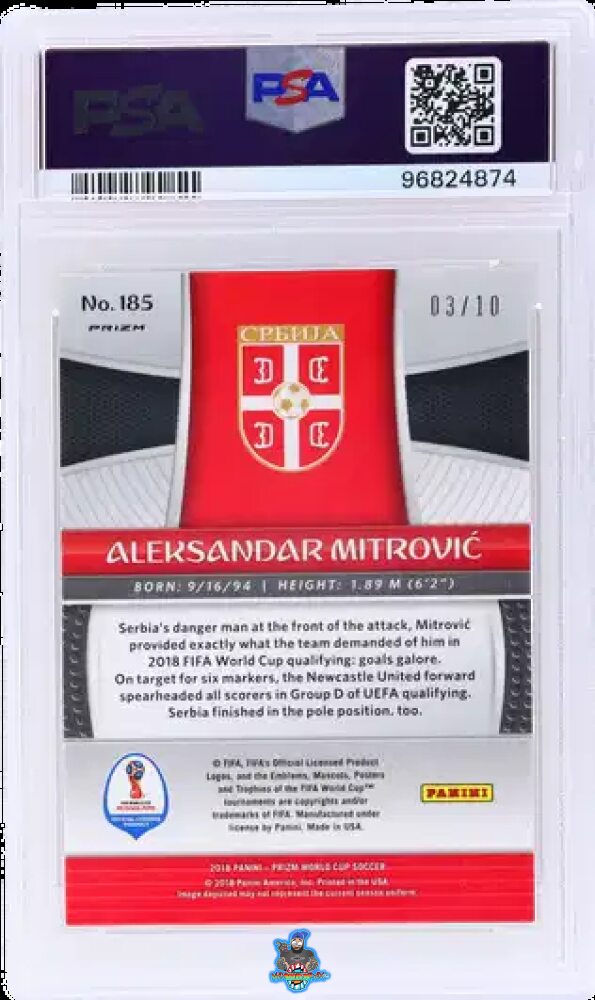 Back of 2018 Panini Prizm World Cup Gold Prizm Aleksandar Mitrovic #185 /10