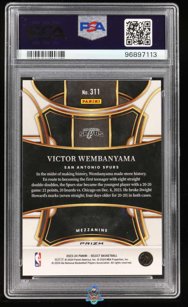 Back of 2023 Panini Select Mezzanine Purple Cracked Ice Victor Wembanyama #311 /99