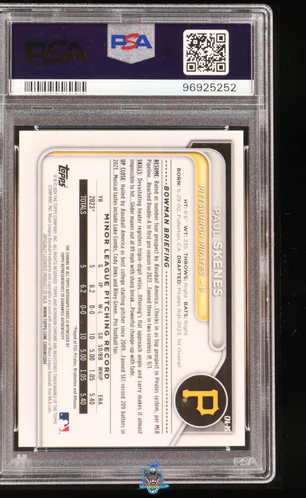 Back of 2024 Bowman Chrome Prospect Autograph Yellow Refractor Paul Skenes #CPAPS /75
