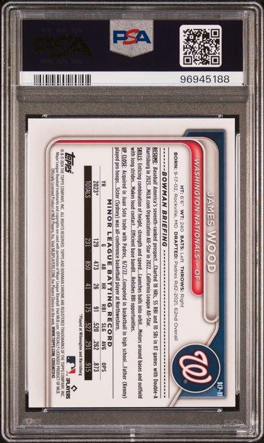 Back of 2024 Bowman Chrome Sapphire James Wood Prospects Red Refractor