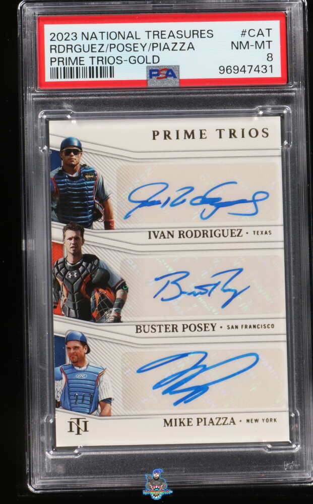 2023 National Treasures Prime Trios Triple Autographs Gold Ivan Rodriguez/Buster Posey/Mike Piazza #7 /7