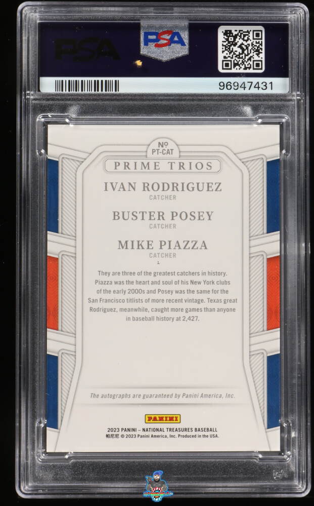 Back of 2023 National Treasures Prime Trios Triple Autographs Gold Ivan Rodriguez/Buster Posey/Mike Piazza #7 /7