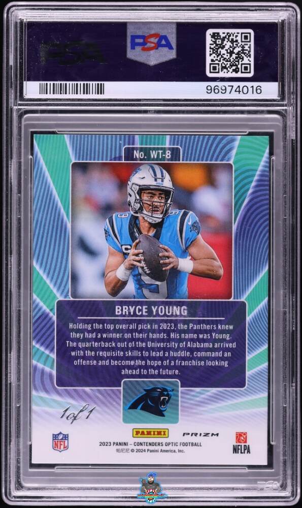 Back of 2023 Panini Contenders Optic Winning Tickets Gld Vniyl 1/1 Bryce Young #WT8