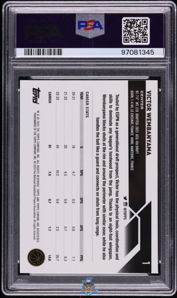 Back of 2023 Topps Chrome Gold Geometric Refractor Victor Wembanyama #1 /50