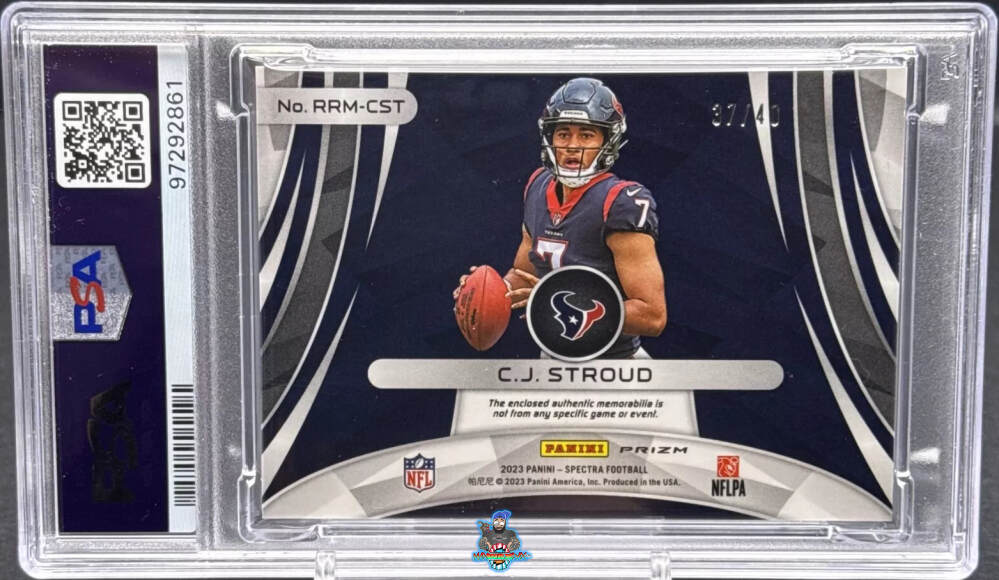 Back of 2023 Panini Spectra Rising Rookie Materials Astral CJ Stroud #2 /40