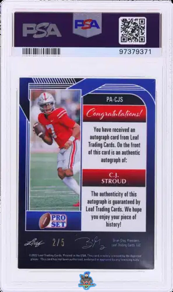 Back of 2022 Leaf Pro Set Metal Autograph Black Mojo CJ Stroud #PACJS /5