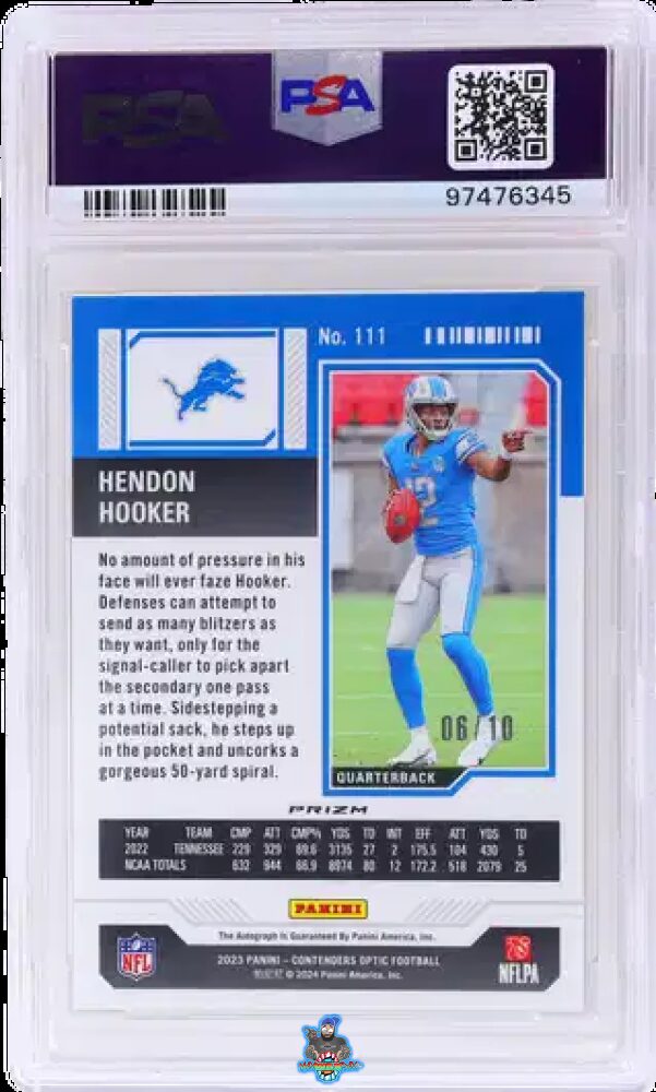 Back of 2023 Panini Contenders Optic Rookie Ticket Autograph Gold Hendon Hooker #111 /10