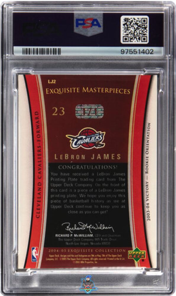 Back of 2004 Upper Deck Exquisite Collection Masterpieces '03 Victory Black Printing Plate LeBron James #LJ2 /1