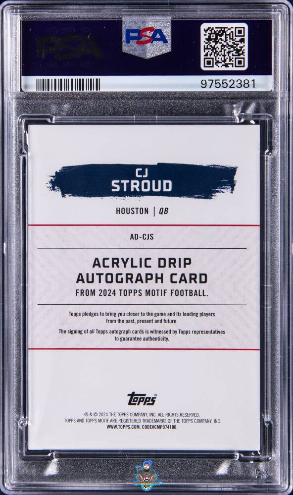 Back of 2023 Topps Motif Acrylic Drip Autograph Gold CJ Stroud #ADCJS /1