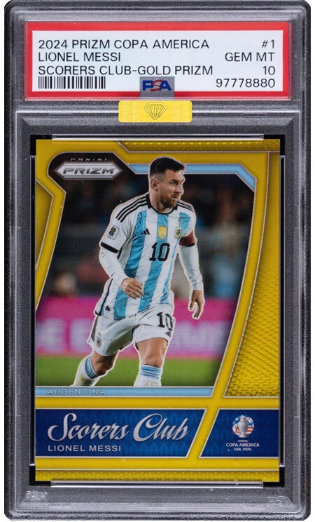 2024 Panini Prizm Copa America Lionel Messi (Scorers Club-GoldPrizm) #1 PSA Gem Mint 10 - #'d 09/10