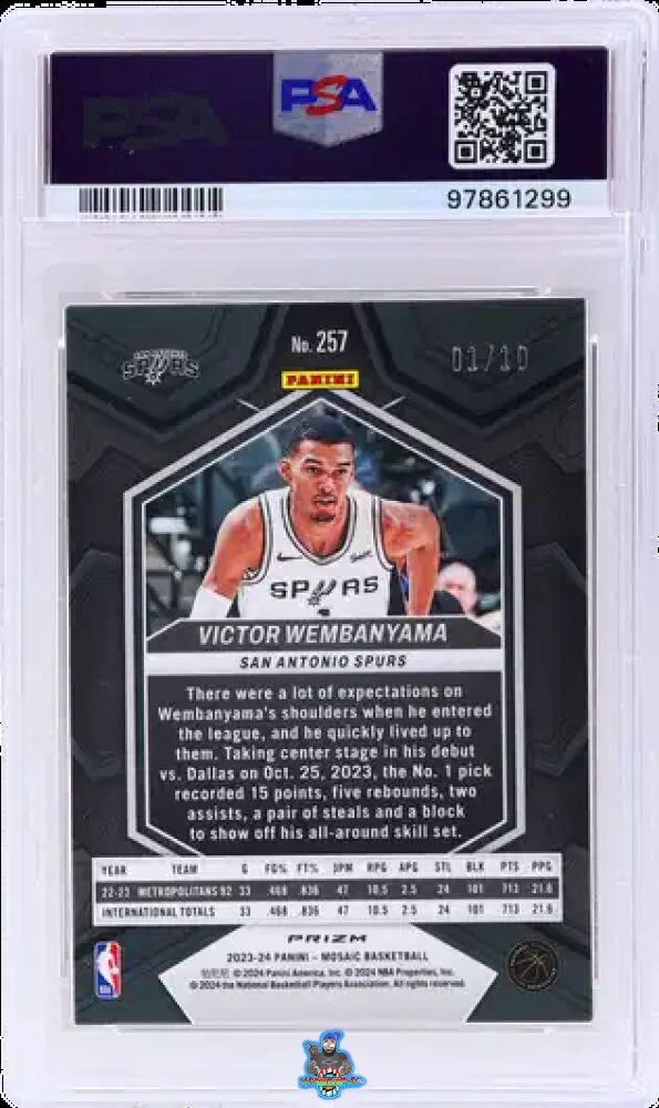 Back of 2023 Panini Mosaic Gold Victor Wembanyama #257 /10