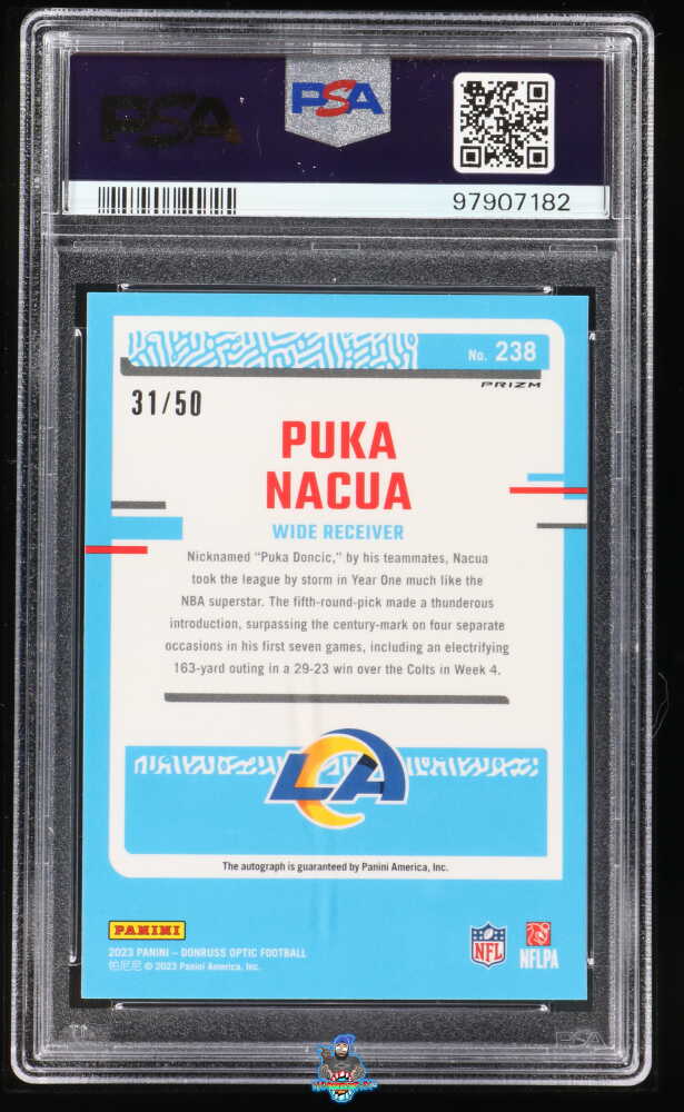 Back of 2023 Donruss Optic Rated Rookie Autograph Pink Velocity Puka Nacua #238 /50