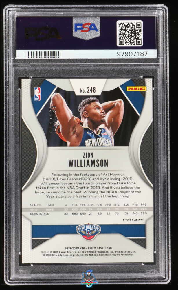 Back of 2019 Panini Prizm Blue Prizm Zion Williamson #248 /199