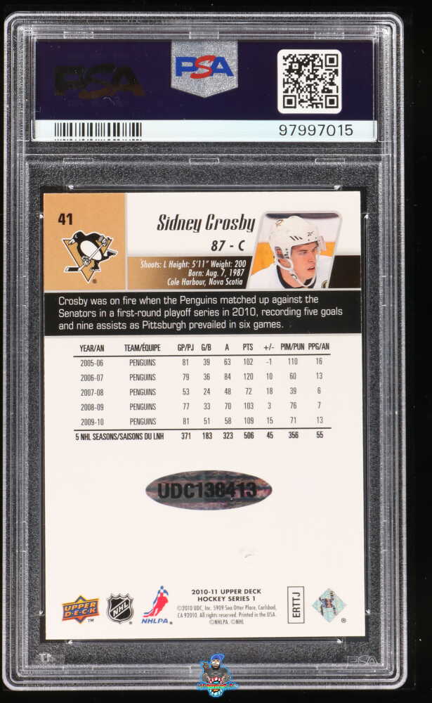 Back of 2013 Upper Deck '10 Buyback Autograph Sidney Crosby #41 /5
