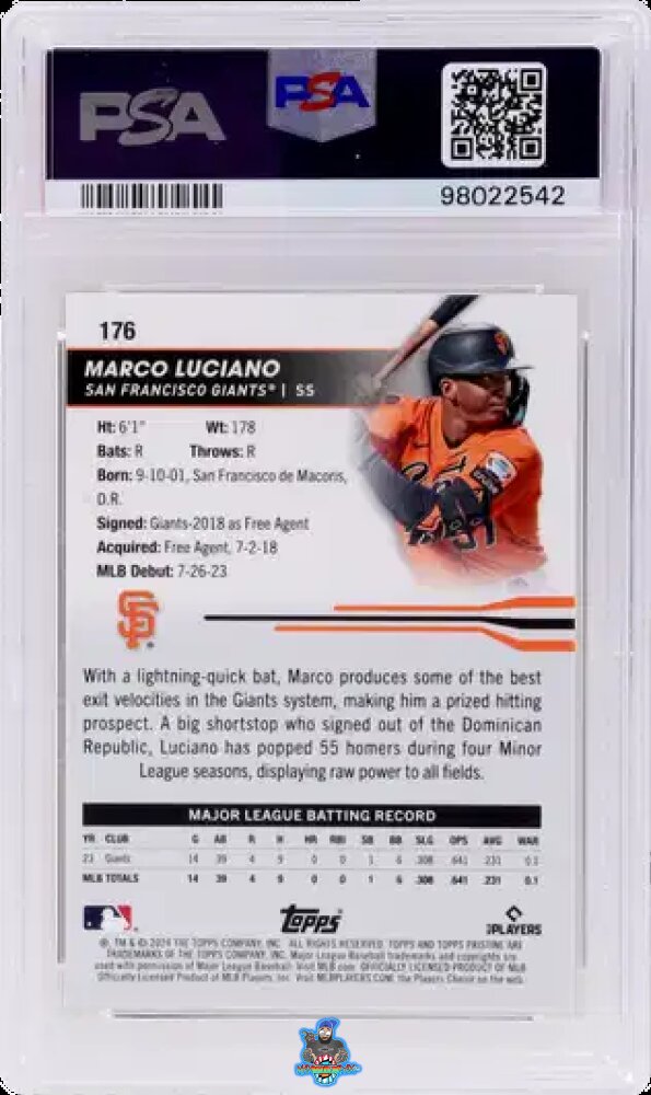 Back of 2024 Topps Pristine Superfractor Marco Luciano #176 /1