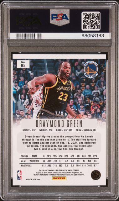Back of 2023 Panini Prizm Deca Draymond Green Black Gold Shimmer Fotl