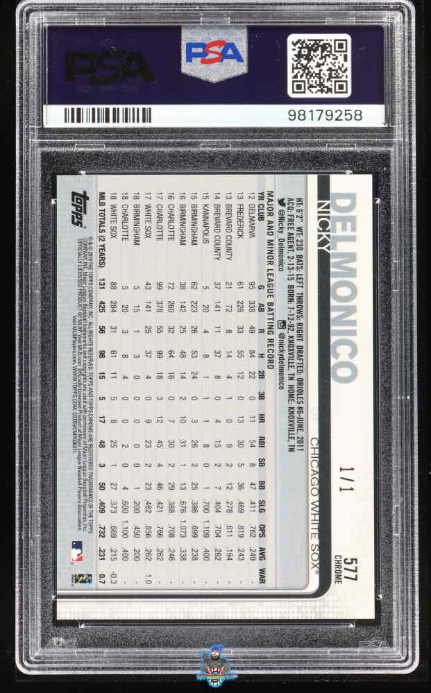 Back of 2019 Topps Chrome Sapphire Superfractor Nicky Delmonico #577 /1
