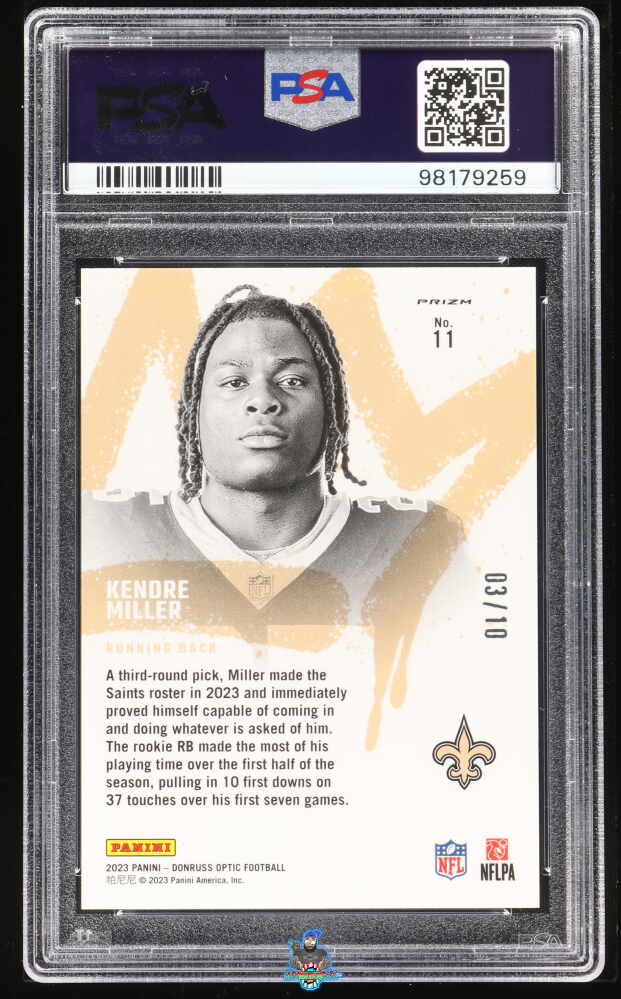Back of 2023 Donruss Optic Rookie Kings Gold Kendre Miller #11 /10