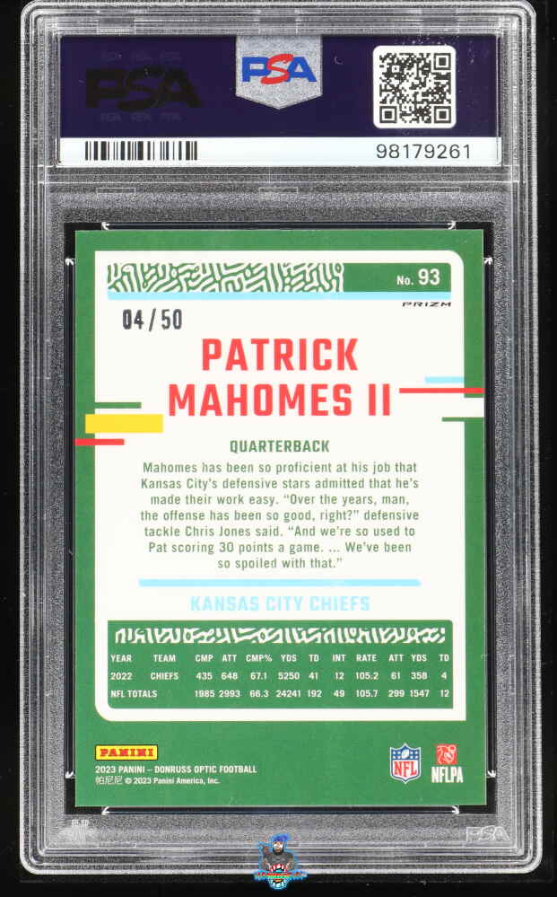 Back of 2023 Donruss Optic Purple Patrick Mahomes II #93 /50