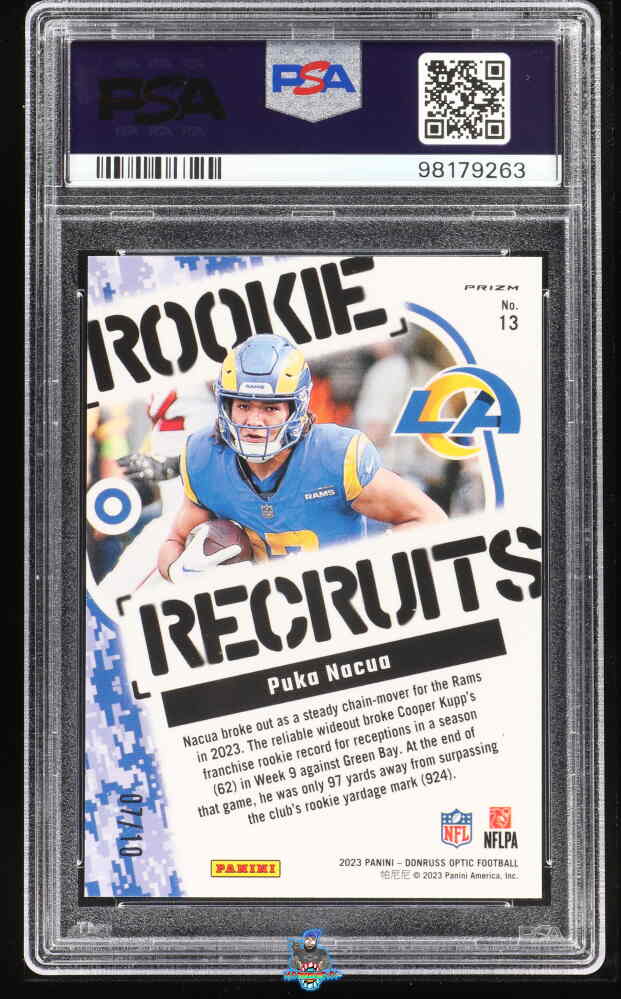 Back of 2023 Donruss Optic Rookie Recruits Gold Puka Nacua #13 /10